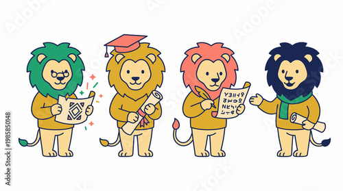 Lion Character Scholar Set with Graduation Cap and Scrolls