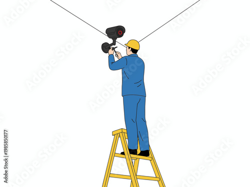 Technician installing CCTV security camera on ladder illustration