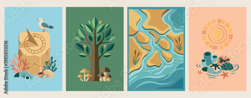 Magic forest tree and winding river, nature landscape and environment vector art, mystical woodland and flowing water graphics, organic ecology and fairytale world design, green forest canopy and blue