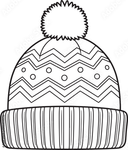 Line drawing of a winter beanie hat with zigzag pattern and pom pom