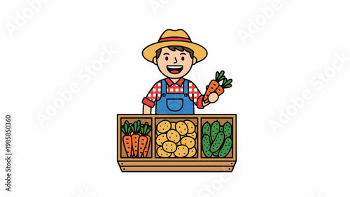 Cartoon farmer holding carrots behind vegetable crates