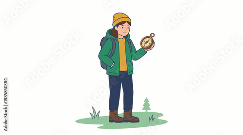 Female hiker holding compass for navigation on white background