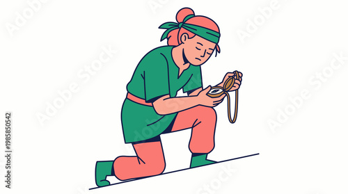 Young man checking navigation compass in flat vector style
