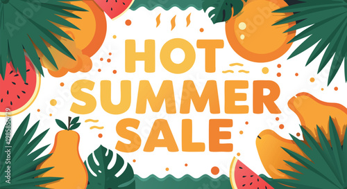 Vibrant summer sale advertisement with tropical fruit and leaves