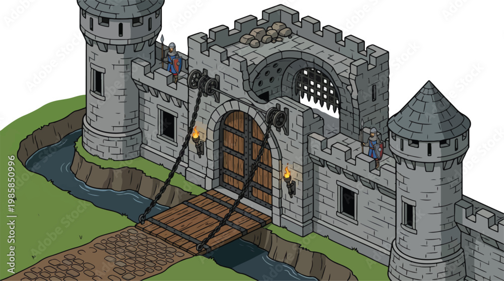 Φωτογραφία Medieval castle gate with drawbridge and stone towers, isometric fortress entran