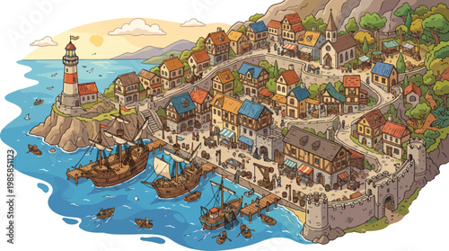 Medieval coastal town vector illustration, historic seaside village with lighthouse and harbor, ancient port city with wooden ships and stone walls