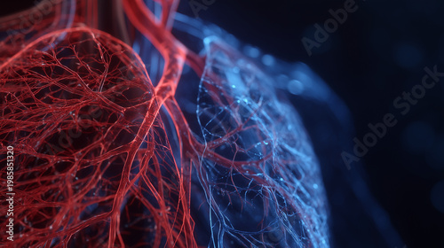 Abstract digital twin visualization of full human circulatory system rendered in electric blue and red, dark background, medical illustration aesthetic, vascular simulation software, precision cardi
