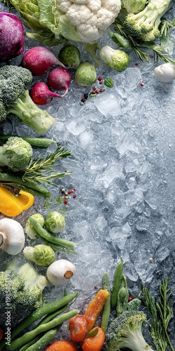 An assortment of frozen vegetables on ice. View from above. Space for text