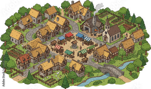 Medieval village isometric vector illustration, fantasy town with market square and stone houses, historic rural kingdom map for gaming