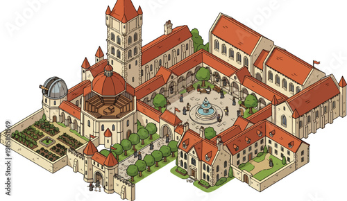 Medieval university campus isometric vector, ancient monastery academy with red roofs and stone walls, historical college courtyard with fountain