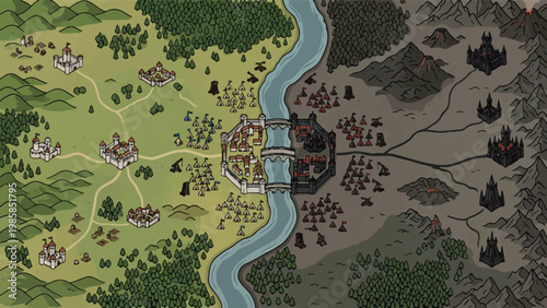 Fantasy world map vector illustration, medieval kingdom landscape with castles and river, hand-drawn tabletop RPG game map with good and evil lands