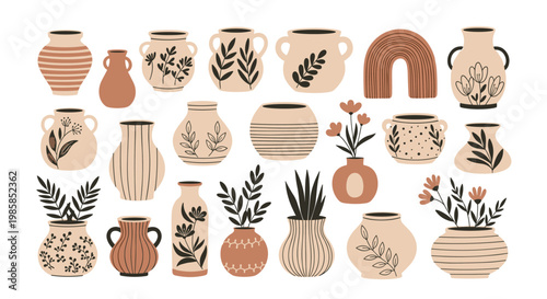 Beautiful collection of hand drawn ceramic vases and pottery decorated with botanical leaves and floral patterns.