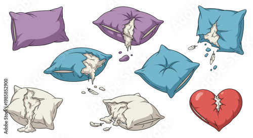 Collection of various damaged pillows with white feathers leaking out and a broken heart to represent heartbreak and exhaustion.