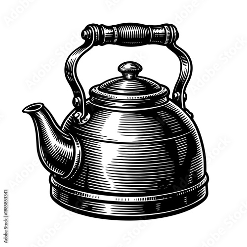 Vintage-style black and white illustration of a classic metal kettle with a handle and spout, perfect for cooking and tea enthusiasts
