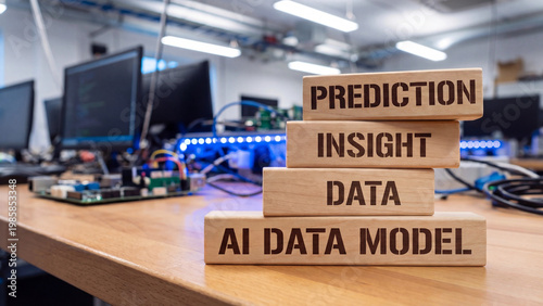 Artificial intelligence data model with prediction insight and data processing layers stacked on blocks in technology lab for machine learning analytics and enterprise decision support