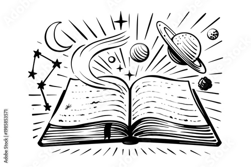 Book Opening to a Universe of Ideas, With Planets Including Saturn, the Moon, and Constellations of Stars Emanating Brightly, Illustrating the Vastness of Human Imagination and Learning
