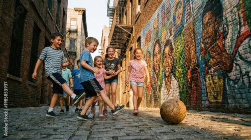 Group of diverse children playing street soccer in urban alley