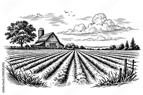 A black and white illustration of a rural farm landscape with a barn, silo, and plowed field under a cloudy sky with birds flying overhead in a peaceful countryside setting with trees and fence.