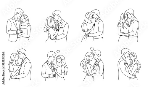 Romantic couples vector line illustration love relationship people set