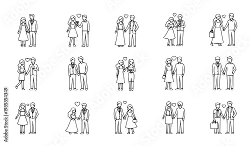 Romantic couples line art vector set love relationship poses outline