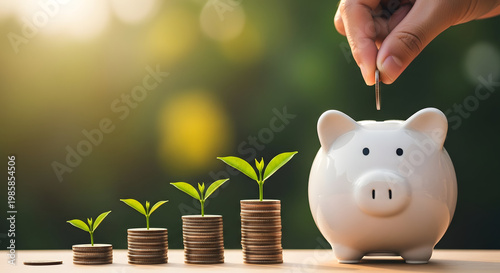 Saving for the future with a piggy bank and growing plants