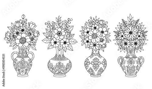 Floral vase vector set black white ornate flower arrangements illustration