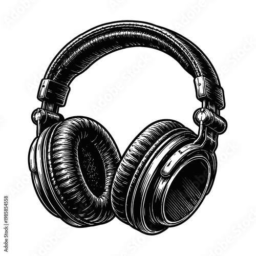 A detailed black and white drawing of a pair of over-the-ear headphones with a padded headband and ear cushions on a white background.