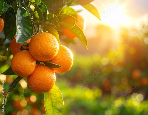 Ripe oranges on tree in sunny orchard, fresh citrus fruits growing in natural farm, vibrant agriculture and healthy food concept