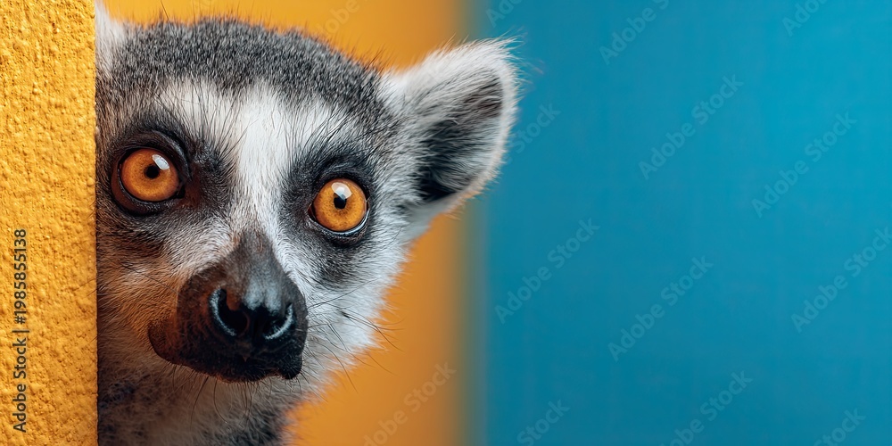 Fototapeta premium A lemur peeks out cautiously from around the corner of a colored, plain background with space for text. Close-up.