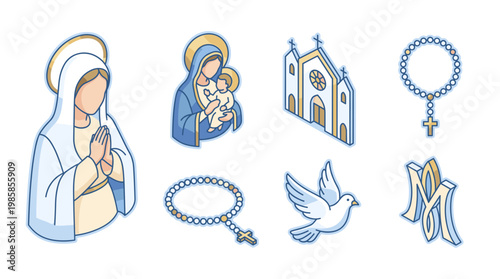 Catholic religious isometric vector design collection featuring praying virgin mary holding baby jesus holy church building rosary beads flying peace dove and sacred monogram