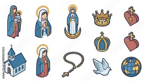 Colorful isometric vector icon set of virgin mary and baby jesus with holy catholic church religious symbols including rosary beads golden crown peace dove sacred heart globe