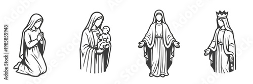 Hand drawn vector illustration set of virgin mary in vintage engraving style featuring praying mother of god holding baby jesus and wearing crown for religious catholic design