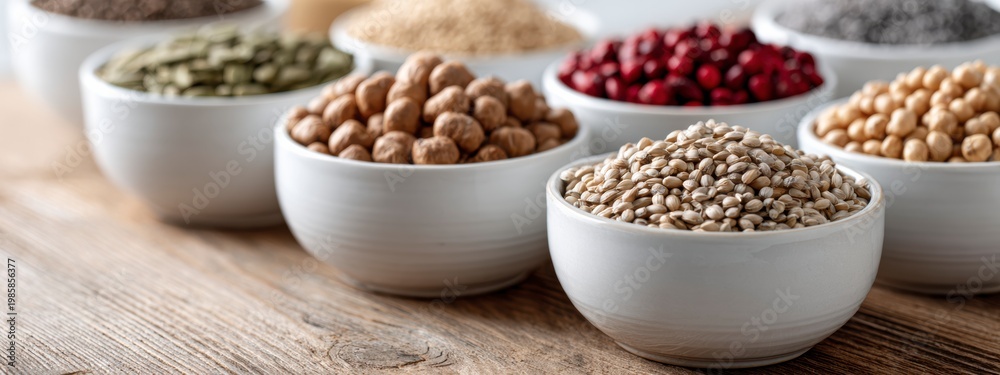Obraz premium Assortment of healthy grains, legumes, and seeds in white bowls on wood table