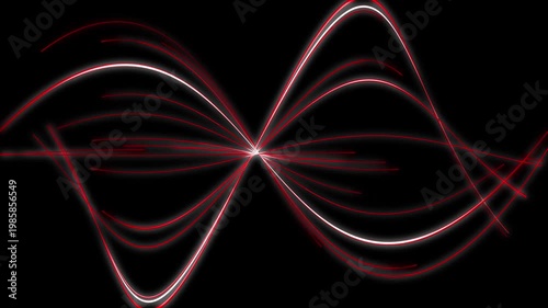 Abstract red and white flowing light waves on black background, Futuristic motion energy lines