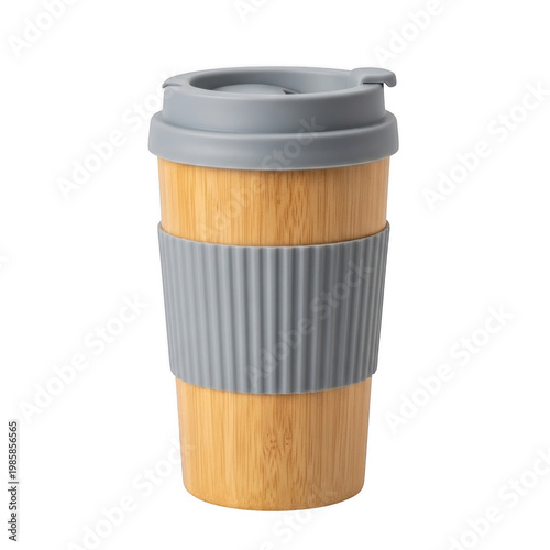 Insulated bamboo-fiber travel mug with grey lid and sleeve for hot beverages isolated on white background