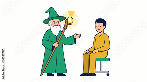 Wizard with magic staff talking to man vector illustration