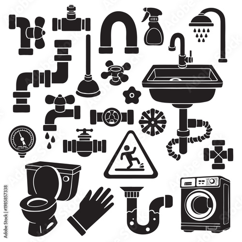 Plumber tool set silhouette hand-drawn vector collection