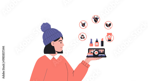 Young woman shopping for organic skincare products online using a tablet. EPS Editable. Vector Illustrations.