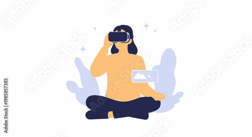 Young woman sitting in lotus position using virtual reality headset. EPS Editable. Vector Illustrations.