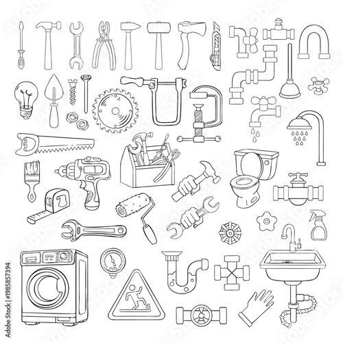 Large set plumbing line art hand-drawn vector collection