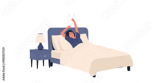 Woman waking up in bed stretching her arms in the morning. EPS Editable. Vector Illustrations.