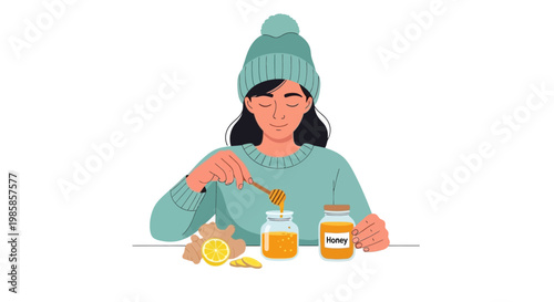 Woman wearing a winter beanie hat preparing natural health remedy with honey and ginger. EPS Editable. Vector Illustrations.