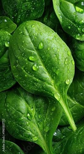Background of fresh green spinach leaves with water drops