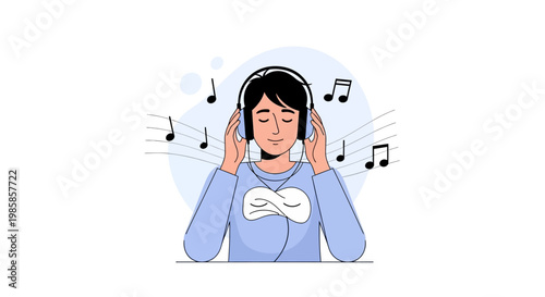 Young man with headphones listening to music. EPS Editable. Vector Illustrations.