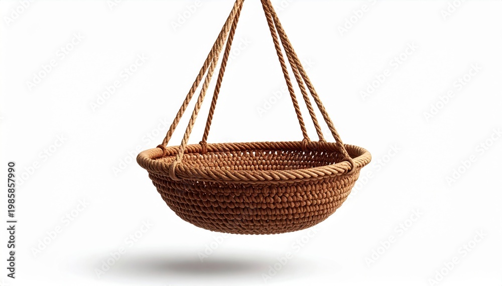 Obraz premium Hanging Brown Braided Basket Isolated on White Background Studio Shot