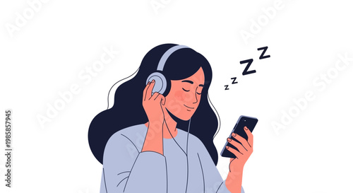 Young woman falling asleep while listening to music with headphones and smartphone. EPS Editable. Vector Illustrations.
