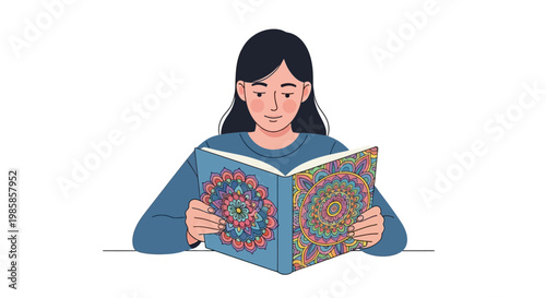 Young woman focused on reading a colorful intricate mandala coloring book. EPS Editable. Vector Illustrations.