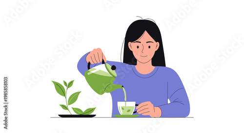 Young woman pouring green tea into a cup in a cozy setting. EPS Editable. Vector Illustrations.