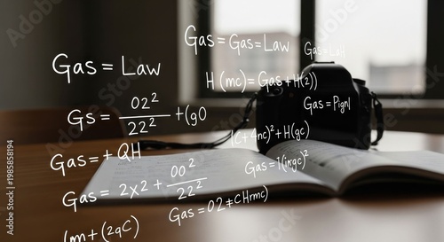 A camera rests atop a book, adorned with math equations on a table