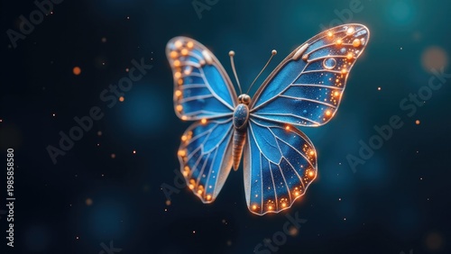 A blue butterfly soaring through the air with its wings spread wide